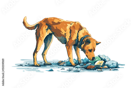 Stray Dog Searching Through Trash in Slum Area riverside isolated