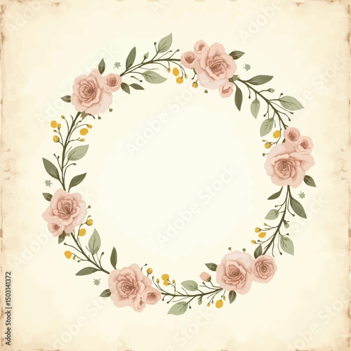 Wallpaper Mural Romantic floral wreath made of light pink roses and delicate leaves on vintage background. Torontodigital.ca
