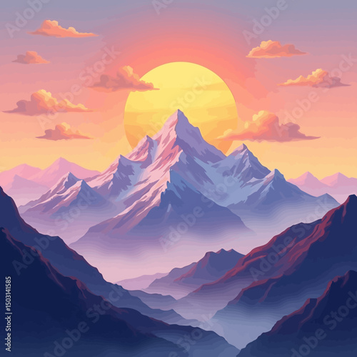  Dramatic mountain sunrise with warm sun lighting up misty valleys and rocky ridges.