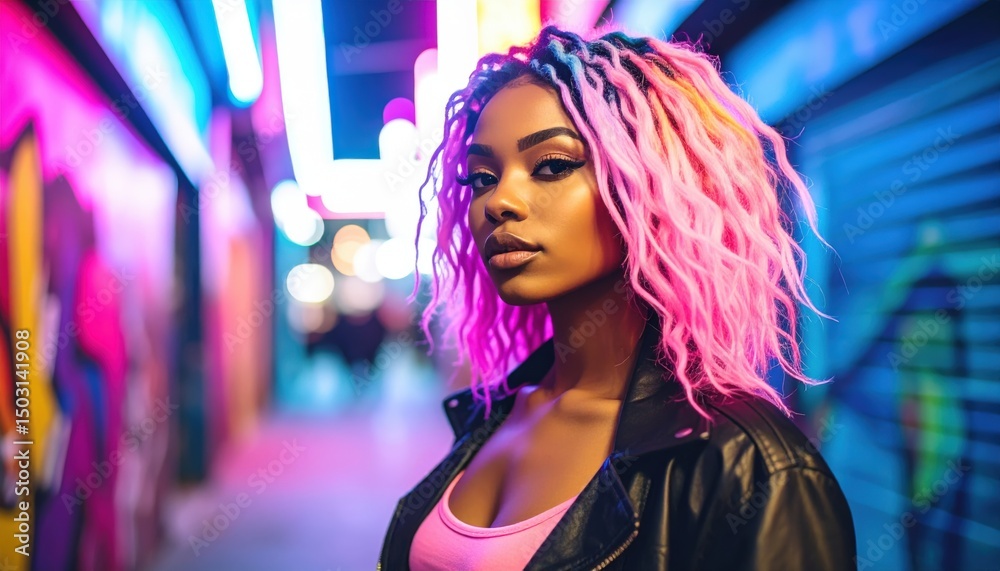 Fototapeta premium Neon Dreamer: A captivating woman, her gaze intense, stands amidst vibrant neon lights and urban street art, embodying a sense of cool confidence and modern style.
