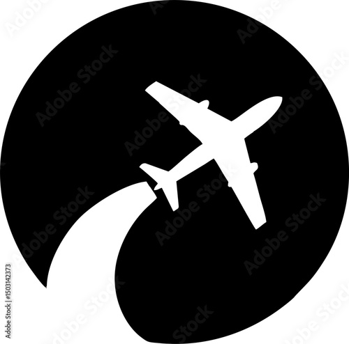 Small plane flying. Airplane Silhouette Logo with Jet Trail Inside a Circle – Travel Concept Icon