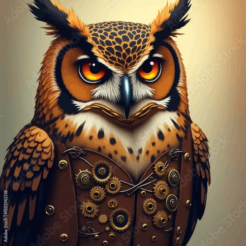 Stylized steampunk owl wearing a leather outfit with brass gears and metallic elements integrated into its chest.