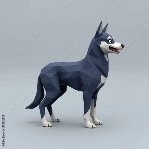 Low poly husky dog in side view with open mouth and playful expression, rendered in geometric polygonal style.