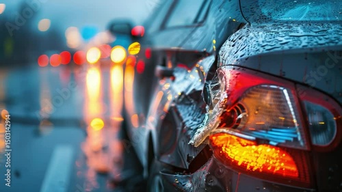 Rainy Night Car Accident Scene with Rear View of Damaged Vehicle and Blurry Traffic in Background 4k video footage