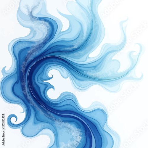 Elegant S-shaped blue watercolor wave with translucent fluid lines, suitable for nature, flow, and water motion vector projects.