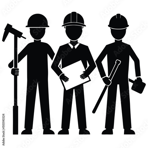 Three silhouetted construction workers representing teamwork and building professions
