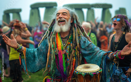 Joyful celebration at Stonehenge on Summer Solstice. People in colorful clothing dancing, playing drums, and embracing the sun’s arrival, surrounded by ancient stones and glowing light.