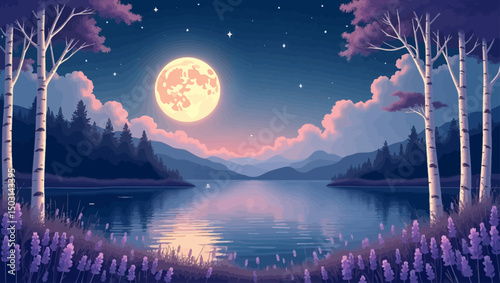 Full moon shines over a quiet lake with purple flowers and birch trees, under a soft starry night sky.