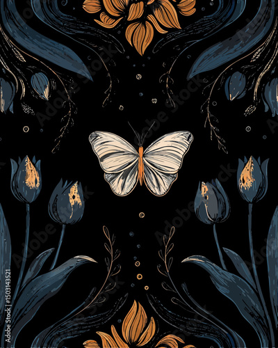 Seamless black and white floral pattern with decorative butterflies for a nature-inspired vintage illustration background