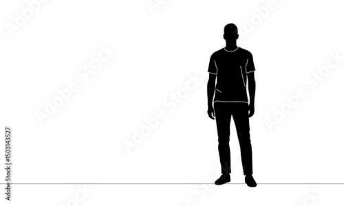 Silhouette of a Man Standing in T-Shirt with White Line Details and Ample Copy Space on White Background