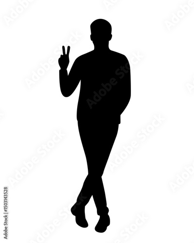 Silhouette of a Man Standing Cross-Legged and Showing Peace Hand Gesture on White Background