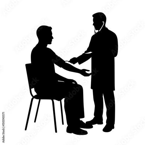Silhouette of Doctor Checking Patient's Blood Pressure During Medical Examination on White Background