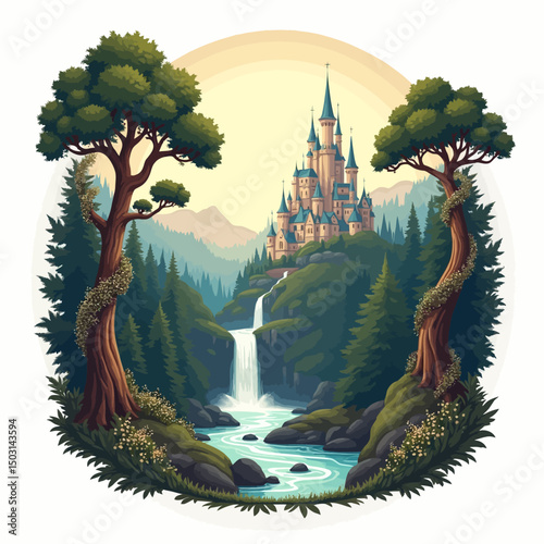 Fairy-tale castle with waterfall nestled between pine-covered mountains under warm glowing sky.