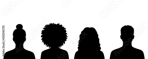Silhouettes of Diverse Hairstyles on Male and Female Heads Viewed from the Back on White Background