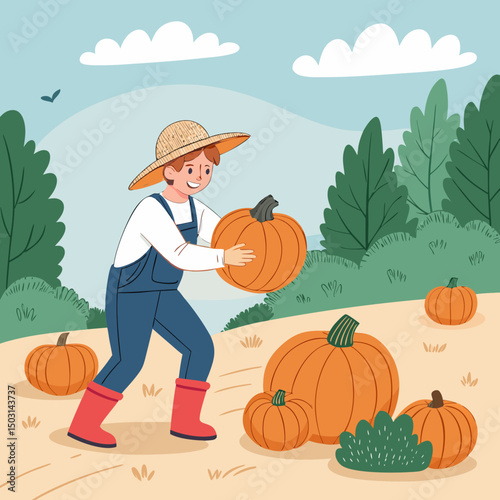Happy autumn harvest scene with a smiling boy and scarecrow in a pumpkin patch
