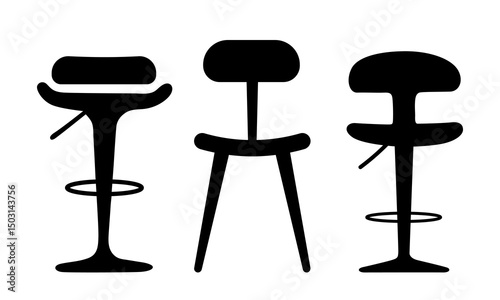 Silhouettes of Three Modern Bar Stools with Distinctive Backrest and Base Designs on White Background