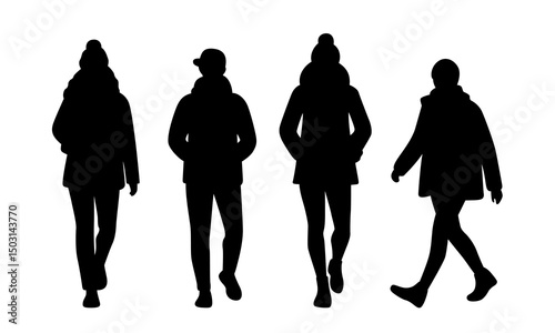 Silhouettes of Four People in Winter Clothing Walking with Hands in Pockets on White Background