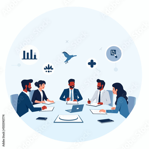 Business meeting vector showing diverse people at a roundtable with analytics and planning icons.