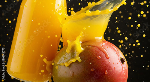 A mango and a bottle of orange juice are splashed with water, creating a refreshing scene, Generative AI.