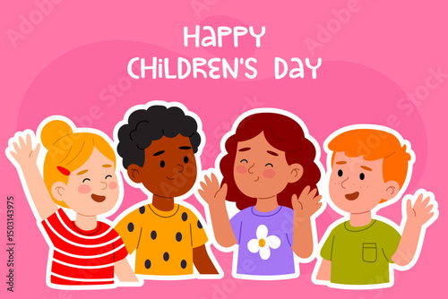 Bright Children’s Day illustration with happy diverse kids waving and smiling. Perfect for greeting cards, banners, or educational materials.