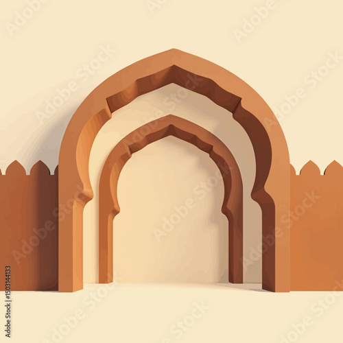 Flat vector illustration of an arched traditional middle eastern entrance gate with warm desert tones and minimal background.