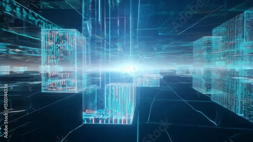 Digital Data Flow Abstract Network of Glowing Cubes in Blue, Sci-Fi Tech Architecture 4K.
