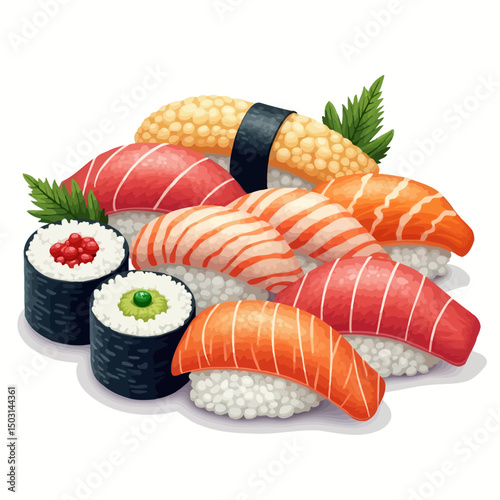 Vector illustration of realistic sushi pieces including nigiri, maki, and garnishes with rich textures and vibrant colors.
