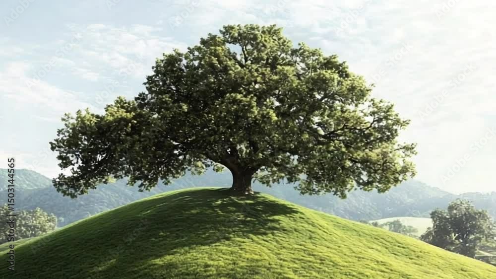 Serene Oak Tree on Rolling Hills