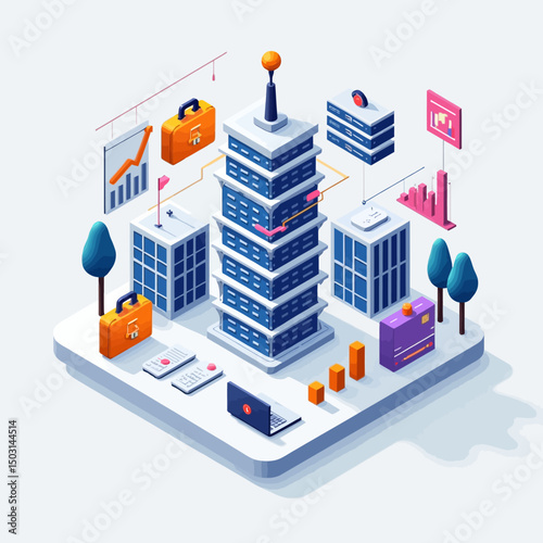 Isometric vector illustration of a modern financial business district with skyscrapers, charts, briefcases, and digital devices.