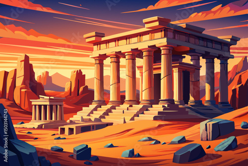 an ancient historic site with ruined temples, stone columns, and desert surroundings. Warm tones, minimal flat style, with detailed textures showing age and erosion vector