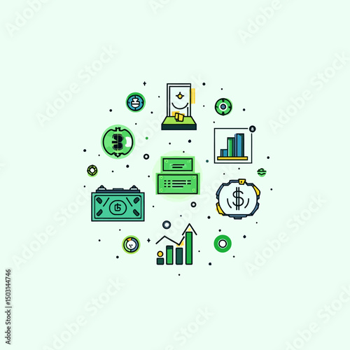 Flat vector style money and finance icon set with banknotes, graphs, coins, and income-related symbols arranged in a circular layout.
