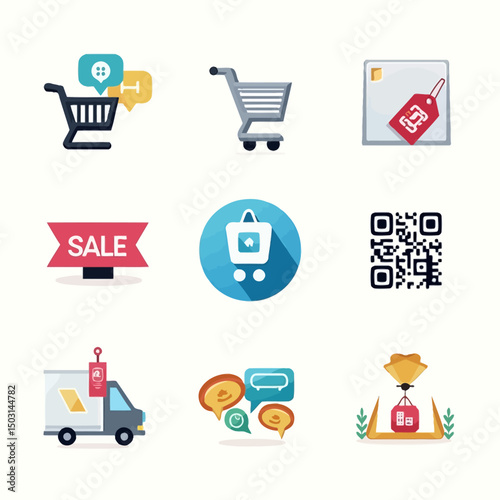 Shopping and e-commerce icon set with carts, QR codes, delivery truck, chat bubbles, sale label, and product tag visuals.