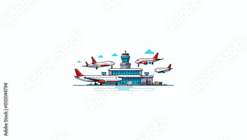Vector airport terminal with airplanes taking off and landing, perfect for aviation, airline, and travel-themed illustrations.
