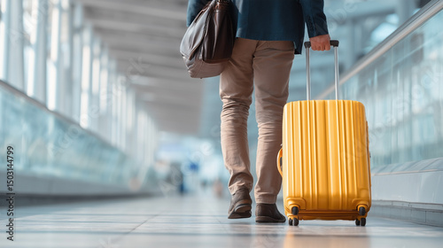 A man is walking with a yellow suitcase