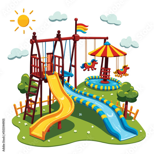  Cartoon amusement playground with dual slides, merry-go-round horses, and colorful structures designed for children’s fun activities.