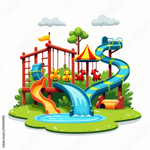Colorful cartoon water park playground with slides, animal rides, and green nature elements, designed for fun kids activity themes.