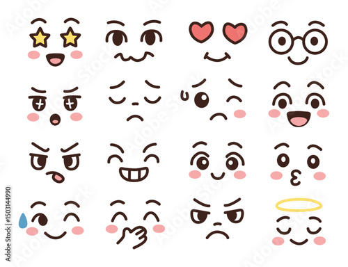 Cute face expression vector set with various cartoon emoji emotions, perfect for stickers, chats, comics, and character design