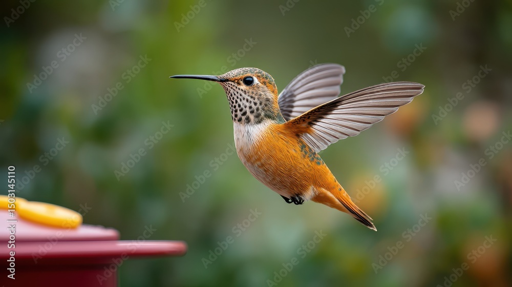 Fototapeta premium Small Hummingbird Hovering Near Flower Feeder