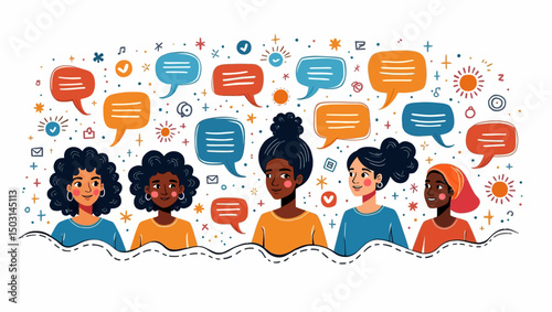 Diverse women communicating with colorful speech bubbles in a flat style, representing discussion, dialogue, and connection.