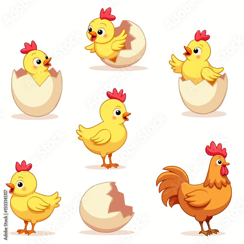  Cute cartoon chickens and chicks in playful poses, including hatching from eggs and standing, perfect for farm and children’s illustrations.