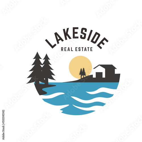 Minimalist Lakeside Real Estate Logo Landscape Graphic Design Element Illustration