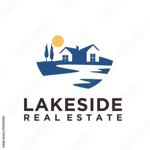 Simple Minimalist Lakeside House on Water Graphic Design Icon Logo