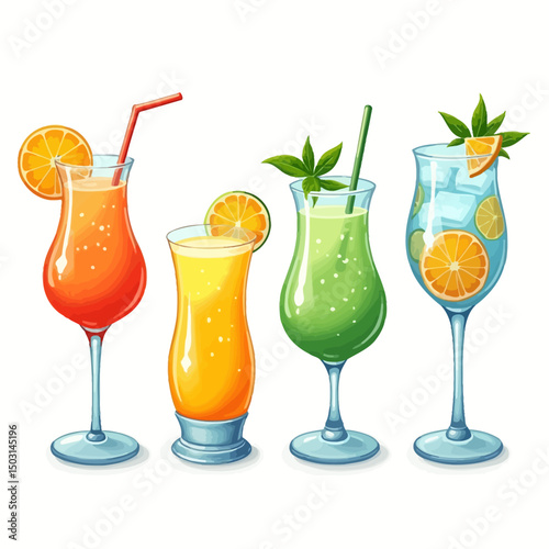 Vibrant illustration of four fruity cocktails in glasses with orange slices, mint, and straws, capturing a refreshing summer vibe.