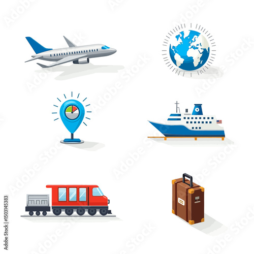 Colorful travel and transport icon set including airplane, train, ship, map pin, globe, and luggage representing various travel modes.