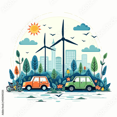 Eco city transport scene with green cars, wind turbines, urban skyline, and environmental elements promoting sustainable lifestyle.