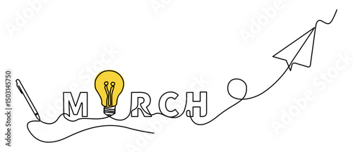 Minimalist single line illustration featuring the word March with creative symbols such as idea bulbs, digital pens, and paper airplanes, connected in one continuous line.