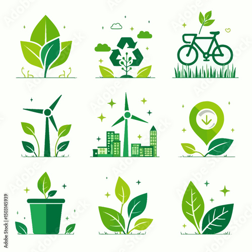 Set of eco-friendly icons including leaves, recycling symbols, bicycles, wind turbines, and green cities representing sustainability and green energy.