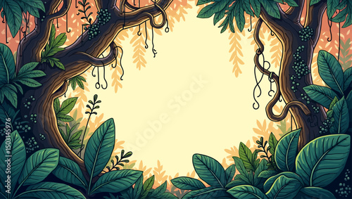 Lush fantasy jungle border with thick leaves, vines, and twin trees creating an open circular view with glowing light in the center.