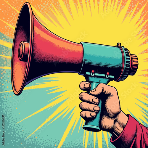 Retro pop art illustration of a hand holding a colorful megaphone with explosive comic-style background, symbolizing loud announcements.