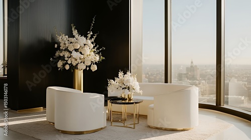 Elegant Lounge With White Chairs And City View